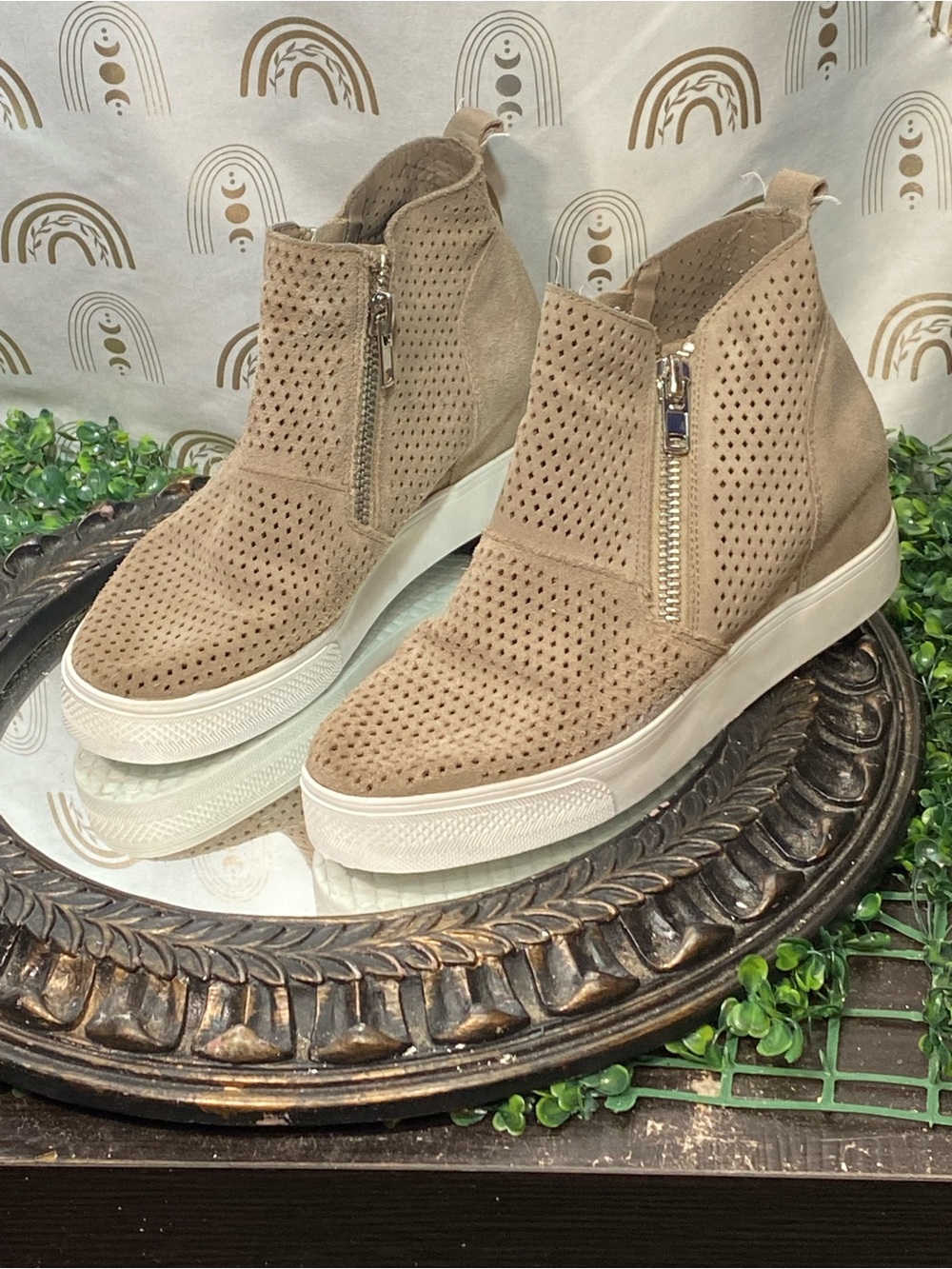 Steve Madden Taupe Perforated Wedge Sneakers with Side Zip